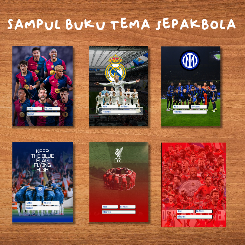 

Sampul Buku Tulis A5 Tema Sepakbola Klub Top Eropa 5pcs – Cover Bola Artpaper 100gr MU Madrid Barca