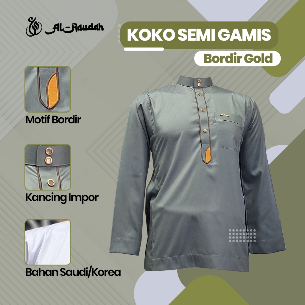 Koko Semi Gamis Pria Al Raudah Bahan Katun Saudi/Korea,  Kancing Snap Import, Baju Muslim Premium