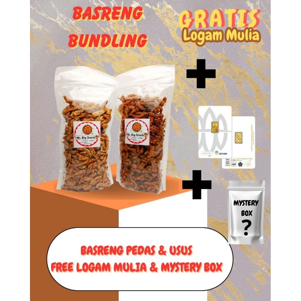 

(SPESIAL BUNDLING) BASRENG PEDAS DAUN JERUK 500gr + USUS AYAM CRISPY 500gr FREE LOGAM MULIA DAN MYSTERY BOX -MR. BIG SNACK