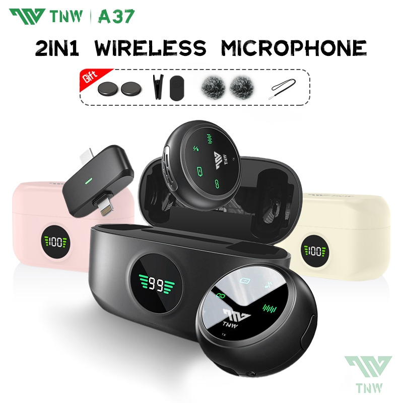 TNW A37 Wireless Microphone 2-In-1 Clip On Mic Magnetic Mikrofon HP Plug & Play Dual Lavalier Microp