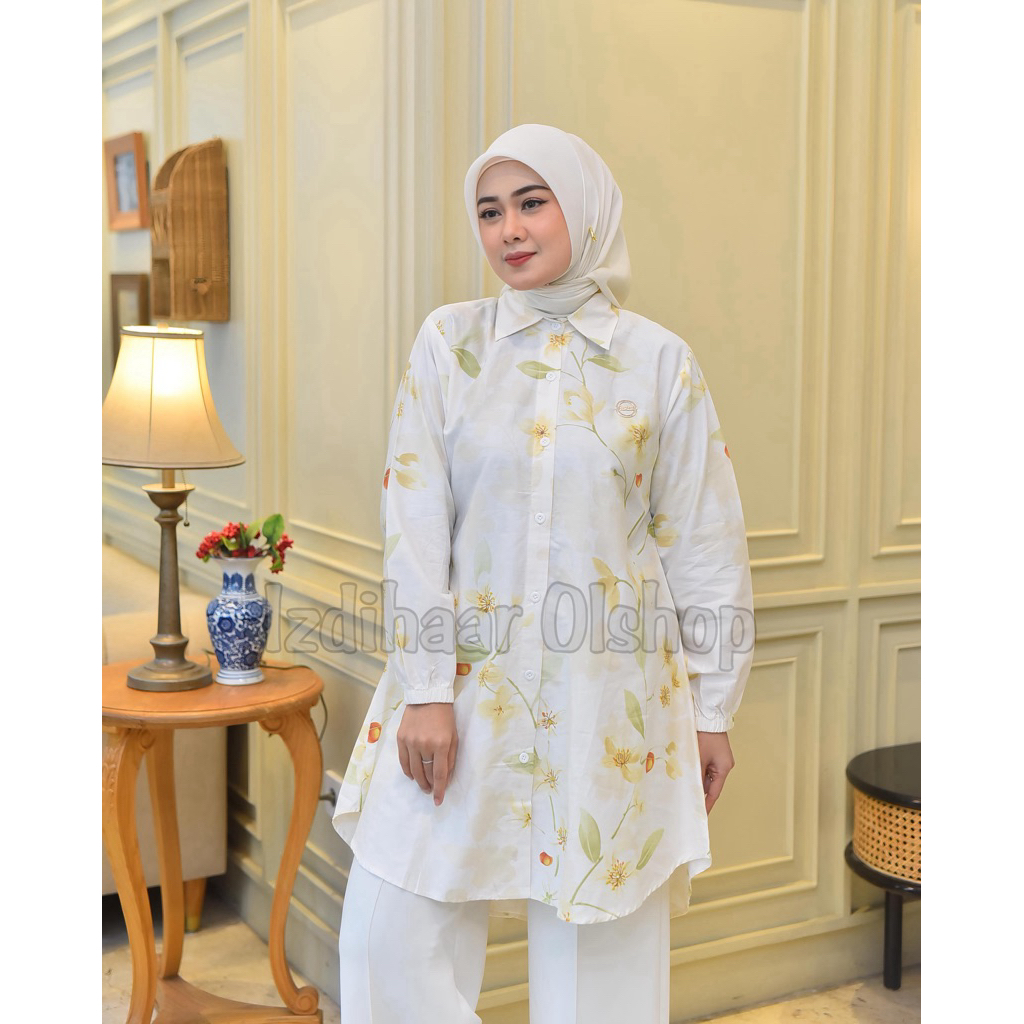 Kemeja Tunik Premium Motif full Kancing depan belakang / Marsya Tunik Rayon Polos Rayon Twill Kemeja