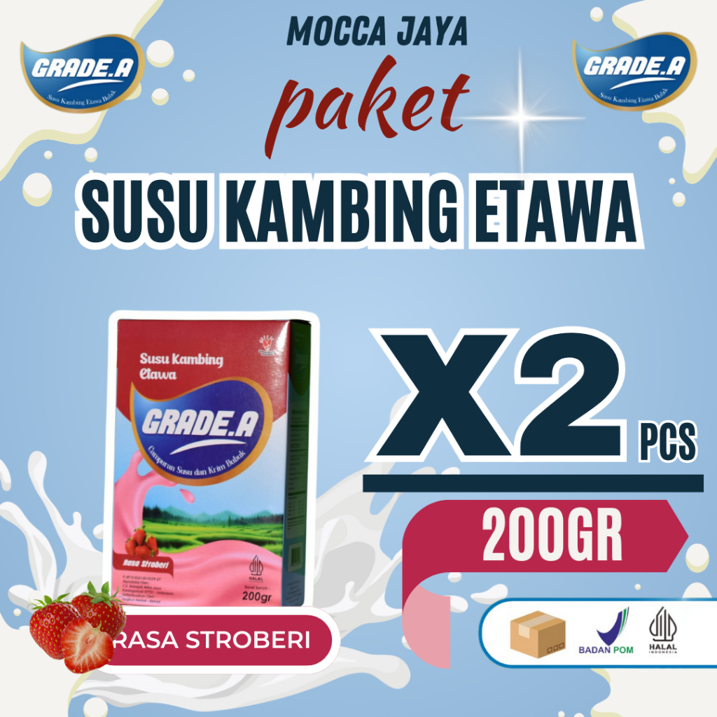 

PAKET 2 BOX GRADE.A SUSU KAMBING ETAWA BUBUK RASA STROBERI 200GR BOX