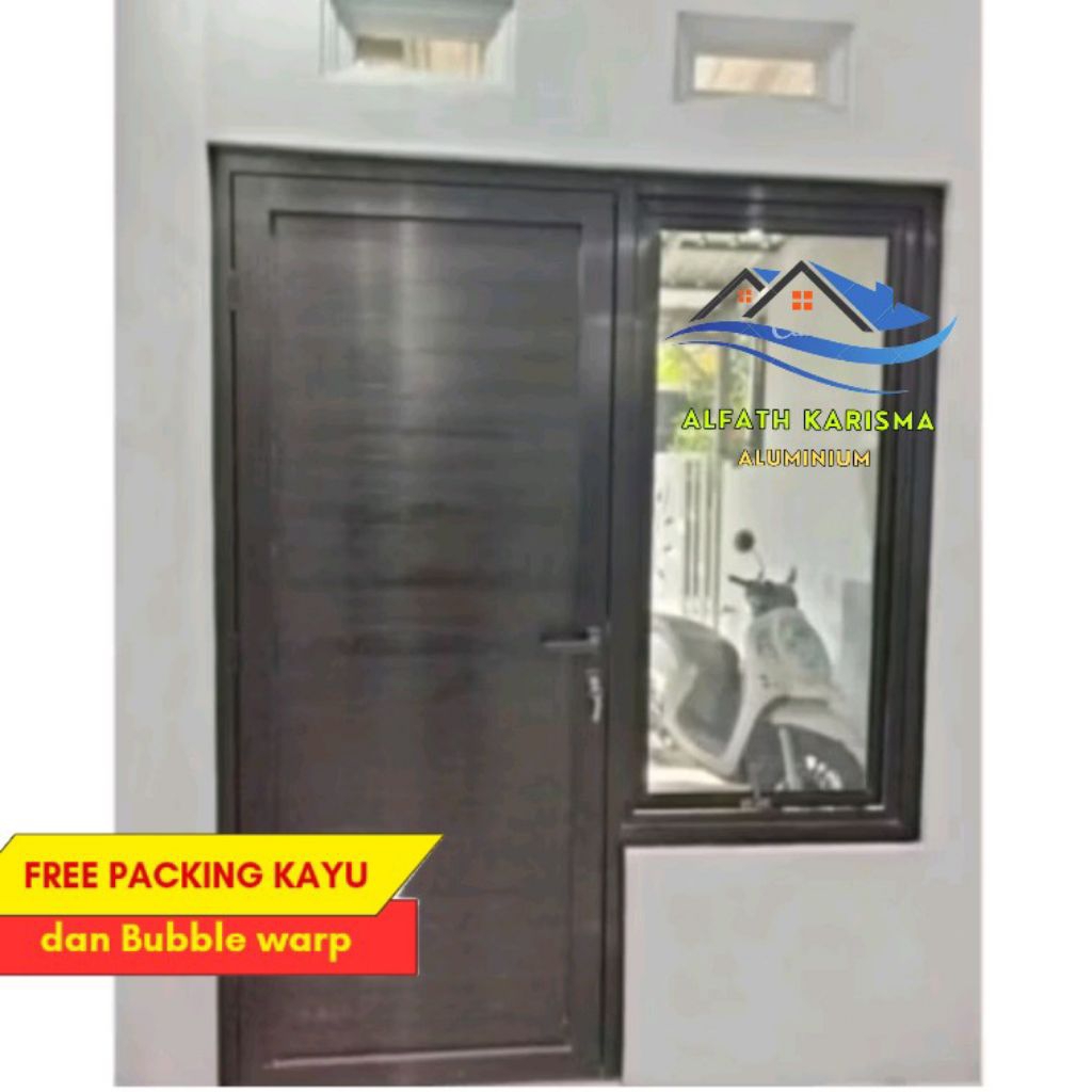 Pintu Utama Single Aluminium (T200xL80) nyatu dg Jendela (T120x50) fullset dg kusen, bisa custom uku