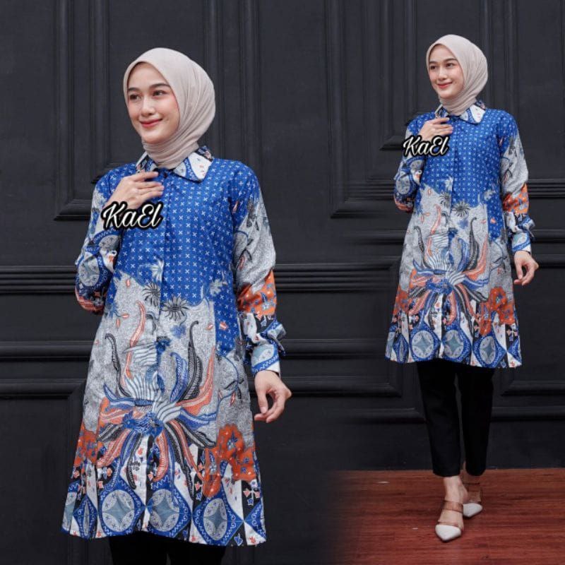 Atasan Batik Wanita Muslim Muslimah Tunik Baju Muslim Terbaru Modern Navy Biru Kekinian