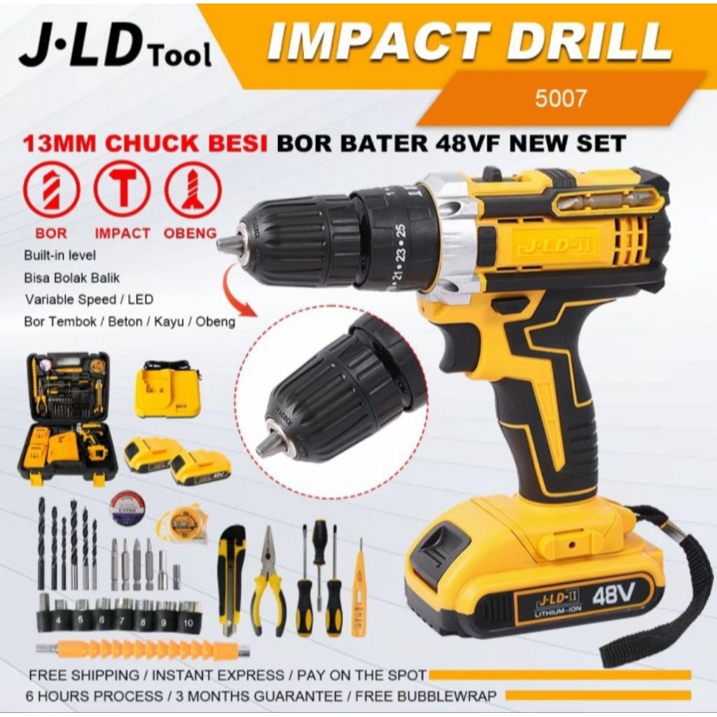 JLD II Bor 10mm cordless 48VF komplit bisa bolak balik bor tanpa kabel bor bobok beton bor besi bor 