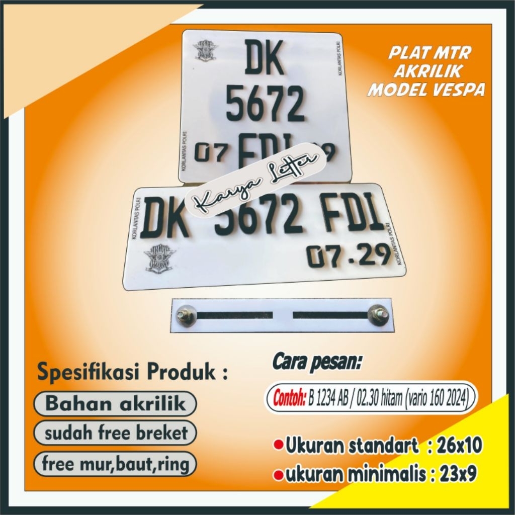 (HARGA SEPASANG) Plat motor KOTAK AKRILIK model vespa