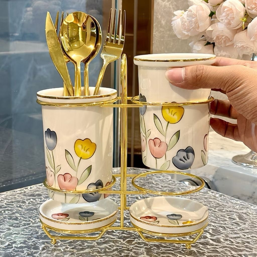 Tempat Sendok Keramik Tempat Sendok Gold Bunga 2in1 Keramik Putih List Gold Tempat Sendok Garpu Kera