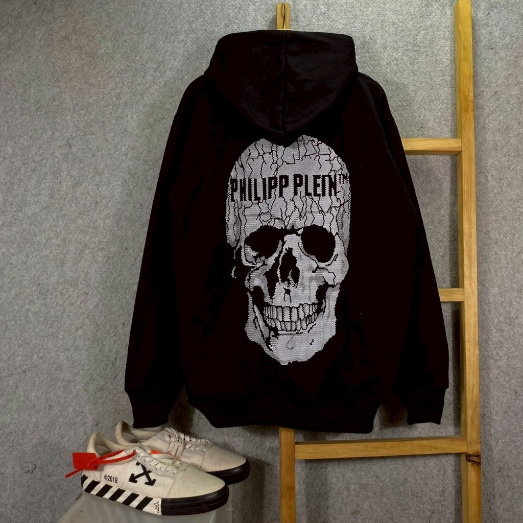 SWEATER HOODIE ZIPPER PHILIPP PLEIN SKULL BACK HITAM