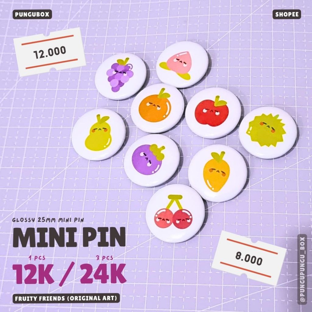 Mini Circle Pin Glossy Fruity Friends Buah Orange Apple Mangosteen Durian Mango Cherry Pear Peach Gr