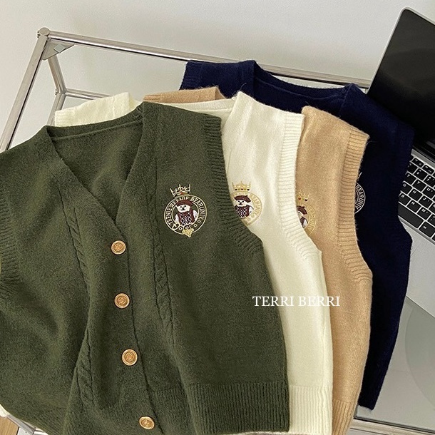 Miliki Eunjoo Bear Vest Knit Bordir Korea  Rompi Rajut Premium Academy  Korean School Fashion