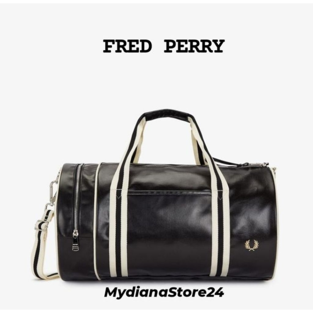 FRED PERRY - FRED PERRY CLASSIC BARREL BAG/ DUFFEL BAG GYM - BLACK/ECRU