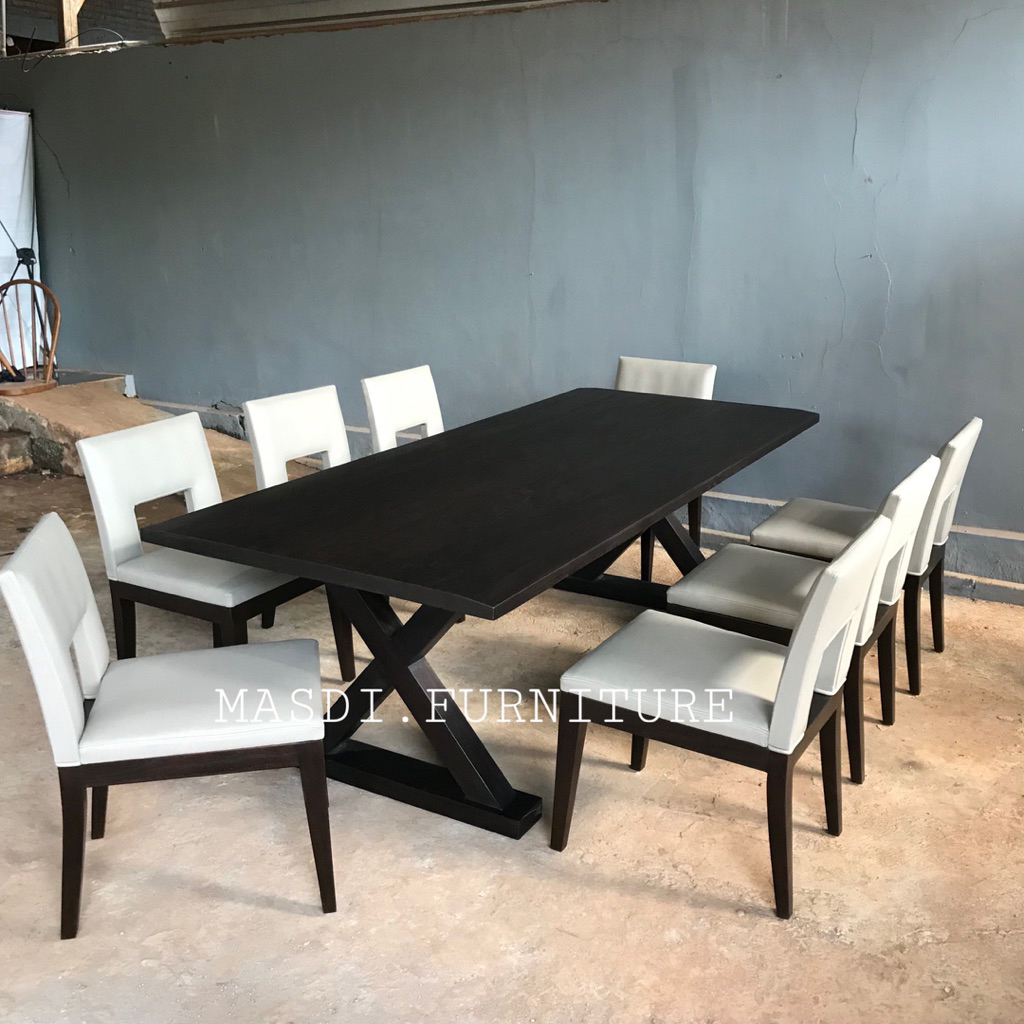 meja makan jati kaki silang, meja makan minimalis