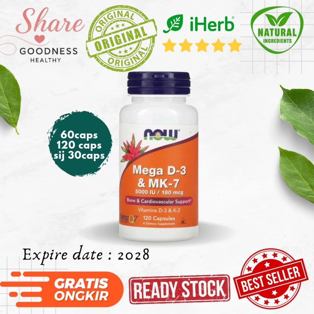 Suplemen Vitamin Mega D3 D 3 Dan MK7 MK 7 5000IU 180mcg 60 Capsules - D3 5000 IU + K2
