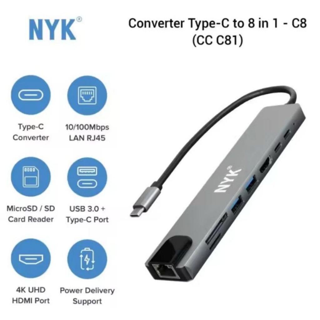 NYK USB HUB OTG Converter 8 in 1 Type C to LAN HDMI Micro SD
