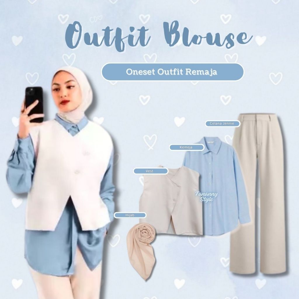 Outfit Hangout  Outfit Wanita Remaja (Hijab+Vest+Kemeja+Celana)