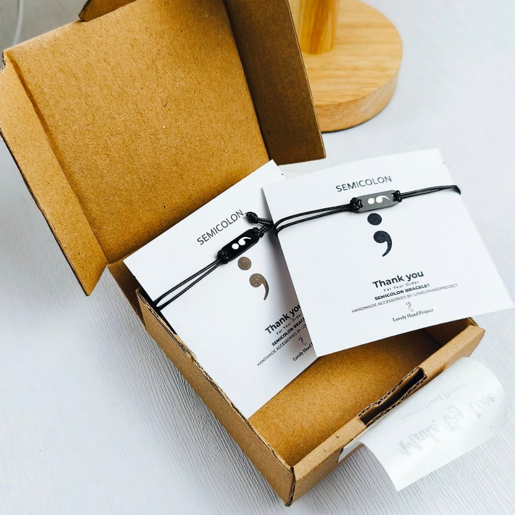 Gelang Semicolon Anxiety Mental Health Bracelet Tali Korea Waterproof Hitam untuk Single dan Couple