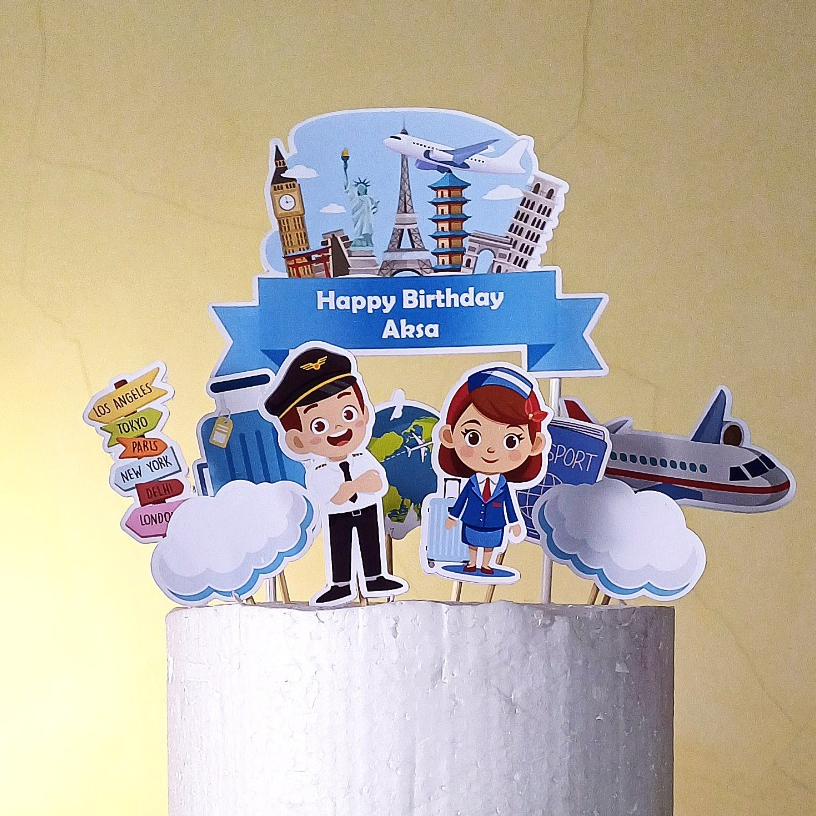 Topper Kue Pilot Pesawat untuk Hiasan Cake / Cupcake Ulang Tahun Anak Karakter Custom Nama