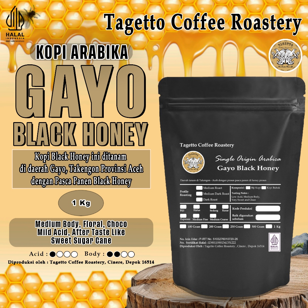 

BIJI KOPI ARABIKA GAYO BLACK HONEY 1KG | ACEH GAYO SPECIALTY | ARABICA BEAN GROUND BUBUK 1 KG TAGETTO COFFEE