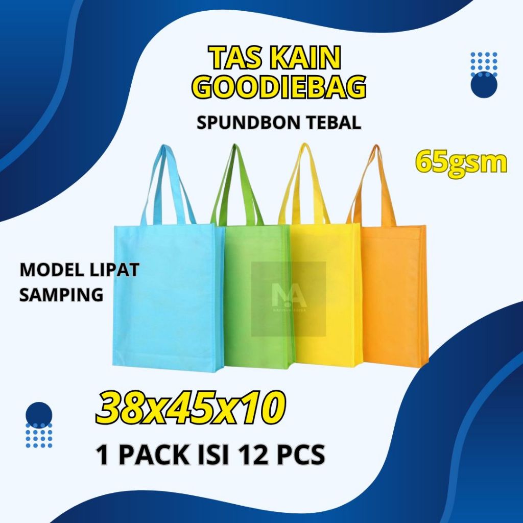 

1 Lusinan Isi 12 (Pcs) Tas Kain GoodieBag Spundbond Ukuran 38x45x10 Tebal 65gsm Model Lipat Samping