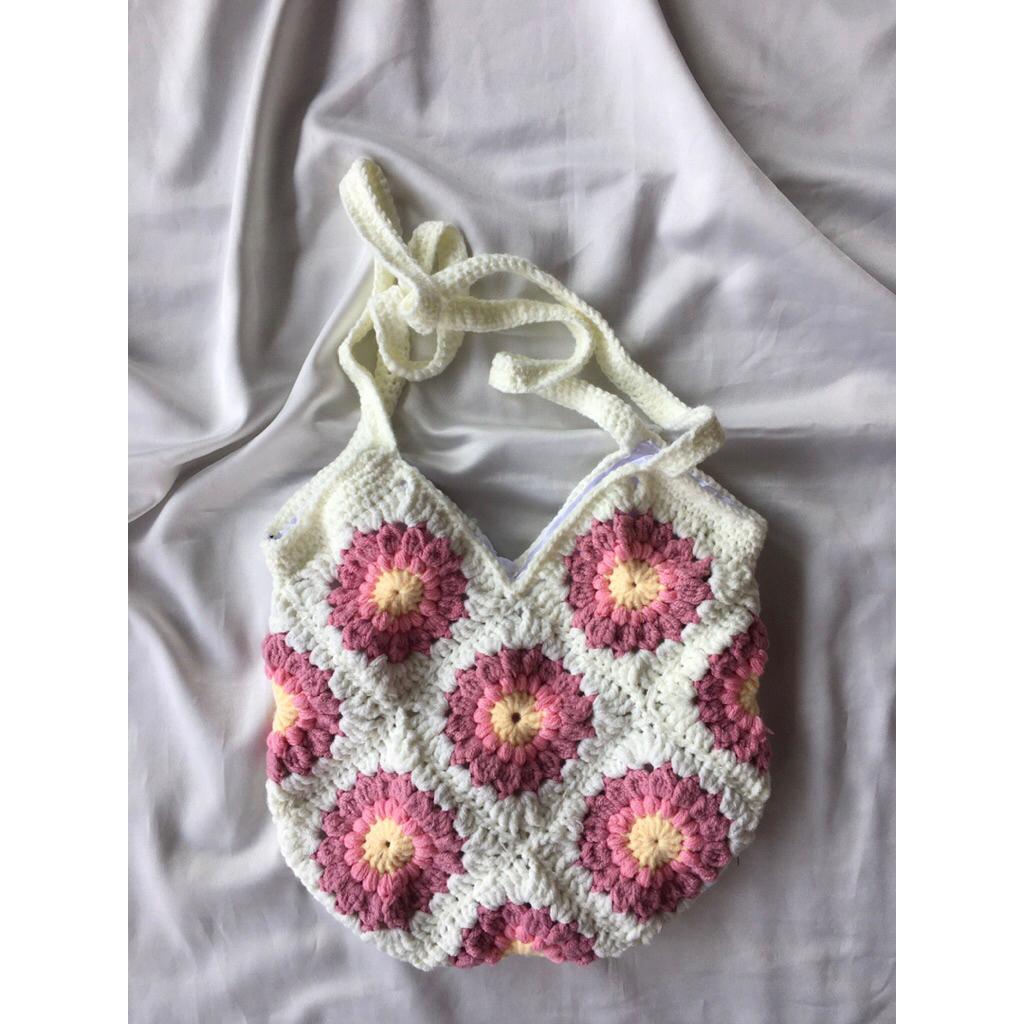 FLOWER BAG CROCHET|TAS RAJUT MURAH|TAS RAJUT TOTE|MINI TOTE BAG FLOWER|GRANNY SQUARE FLOWER