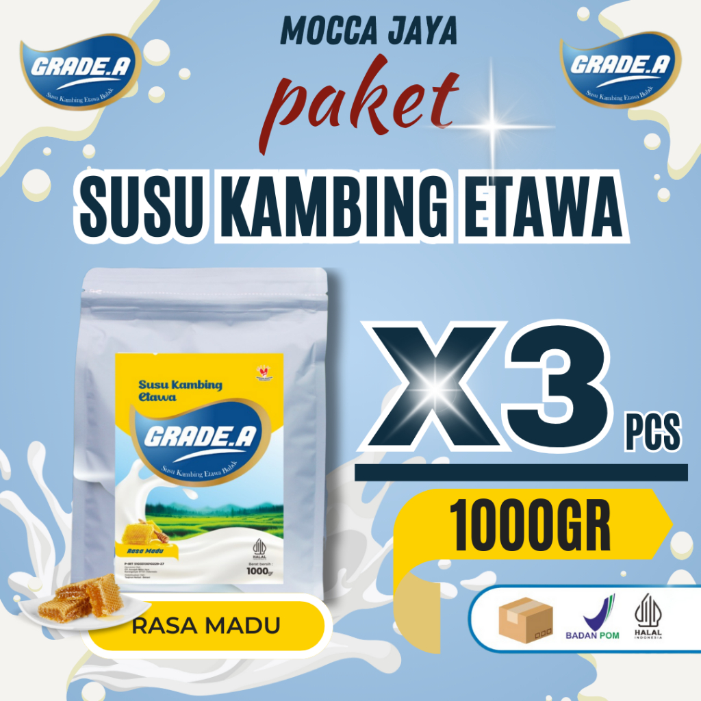 

PAKET 3 PCS GRADE.A SUSU KAMBING ETAWA BUBUK RASA MADU 1KG\1000GR