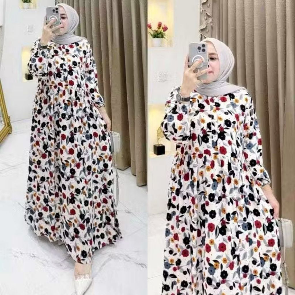 Yuki Midi Dress Rayon Premium Motif Bunga Busui // Gamis Rayon Premium Motif Bunga // Midi Dress Ray