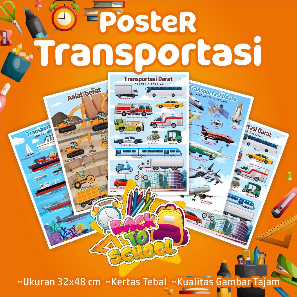 Poster TRANSPORTASI - Poster edukasi kendaraan darat, transportasi laut, Alat berat
