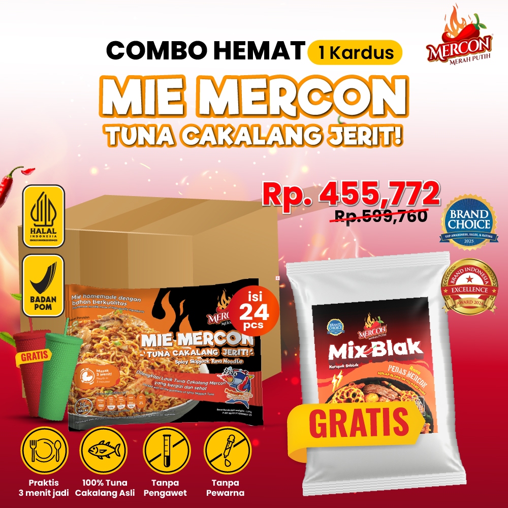 

[GRATIS BOTOL MINUM & Mixblak] Mercon Merah Putih - Mie Mercon Cakalang DUSDUSAN - 24 PACK MMC - Gratis Mixblak 120gr