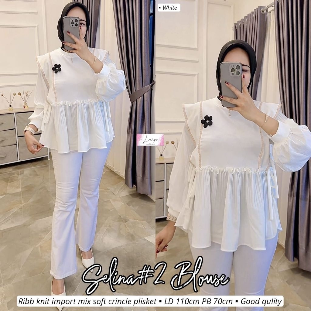 Blouse Knit Putih plisket wanita jumbo premium. Selina