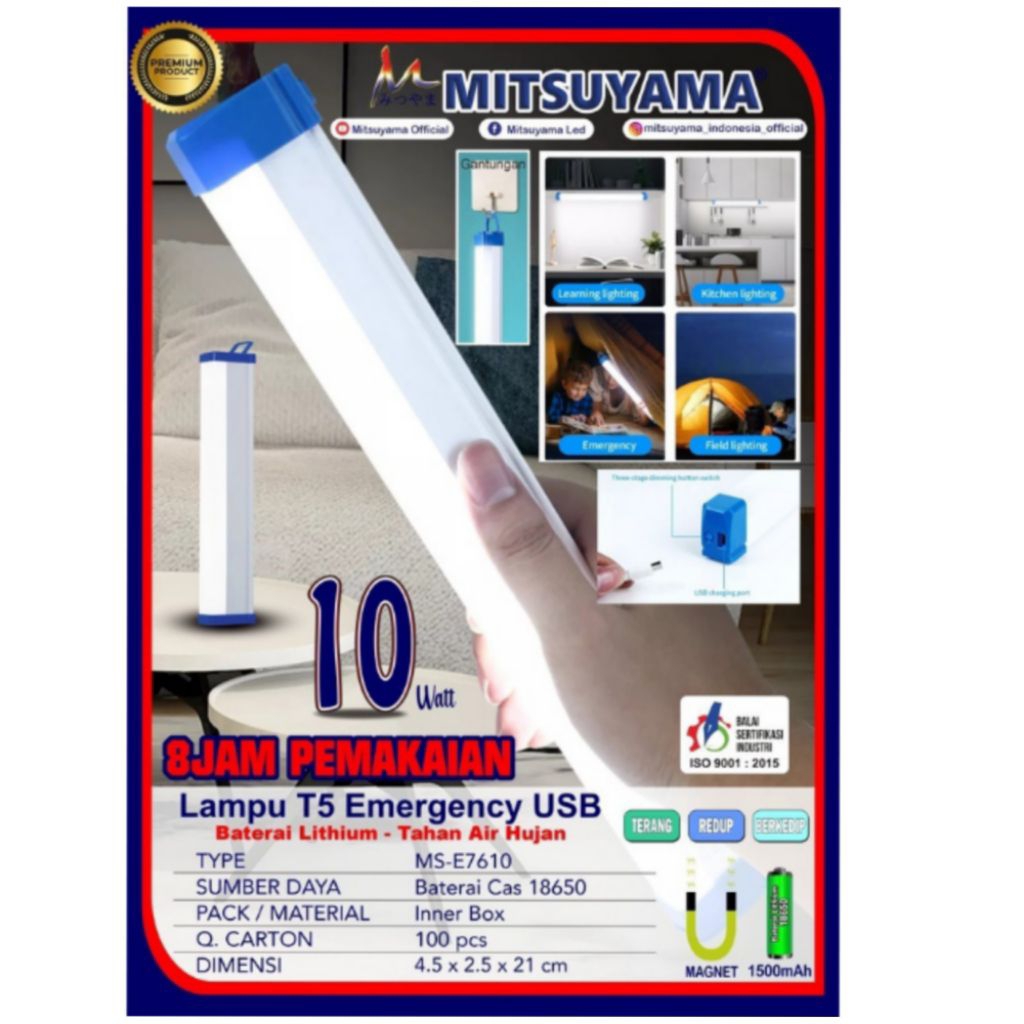 Lampu Emergency Led Super 10W MS-E7610 Terang Lampu T5 Charger Lampu TL Cas Batre