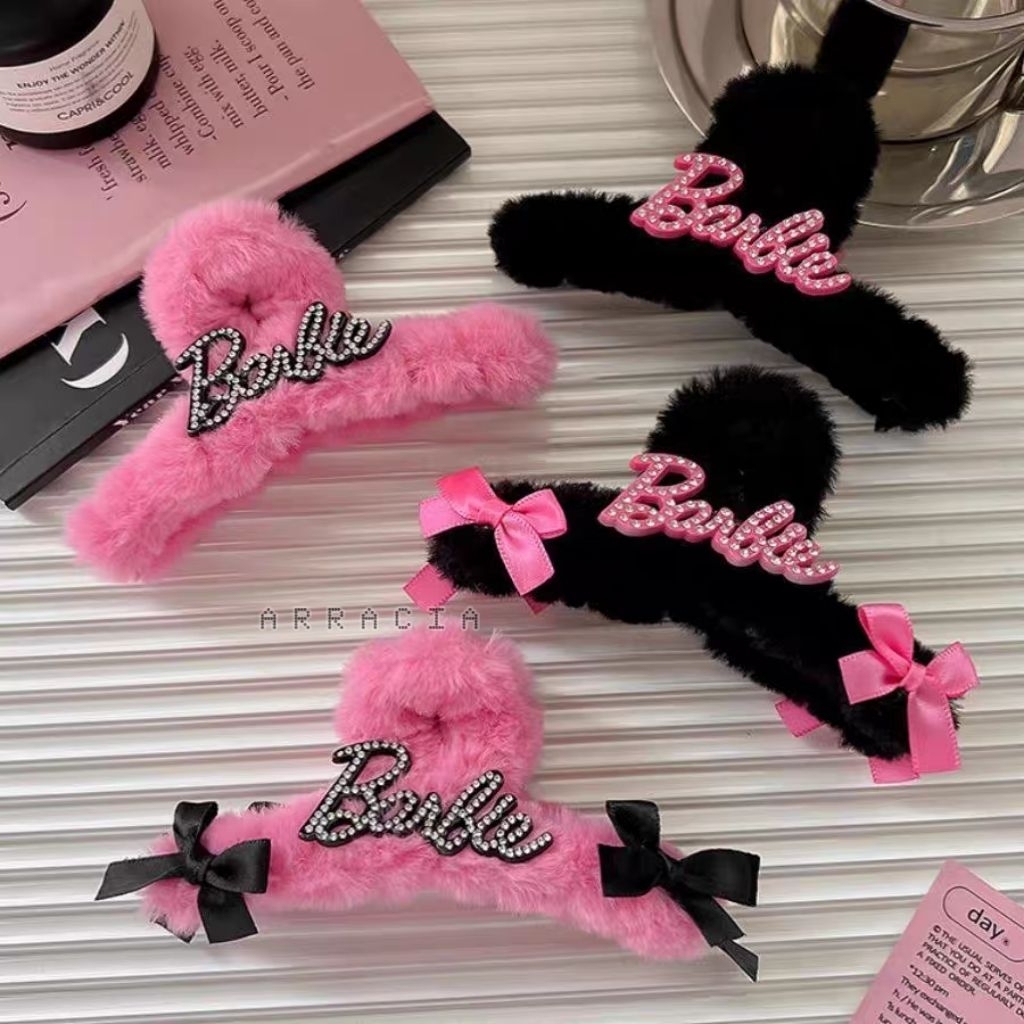 READY STOCK Jepit Rambut Bulu Furry Barbie Pita Ribbon Bow Hairclip Hair Clip Hairpin Pin Jepitan Je