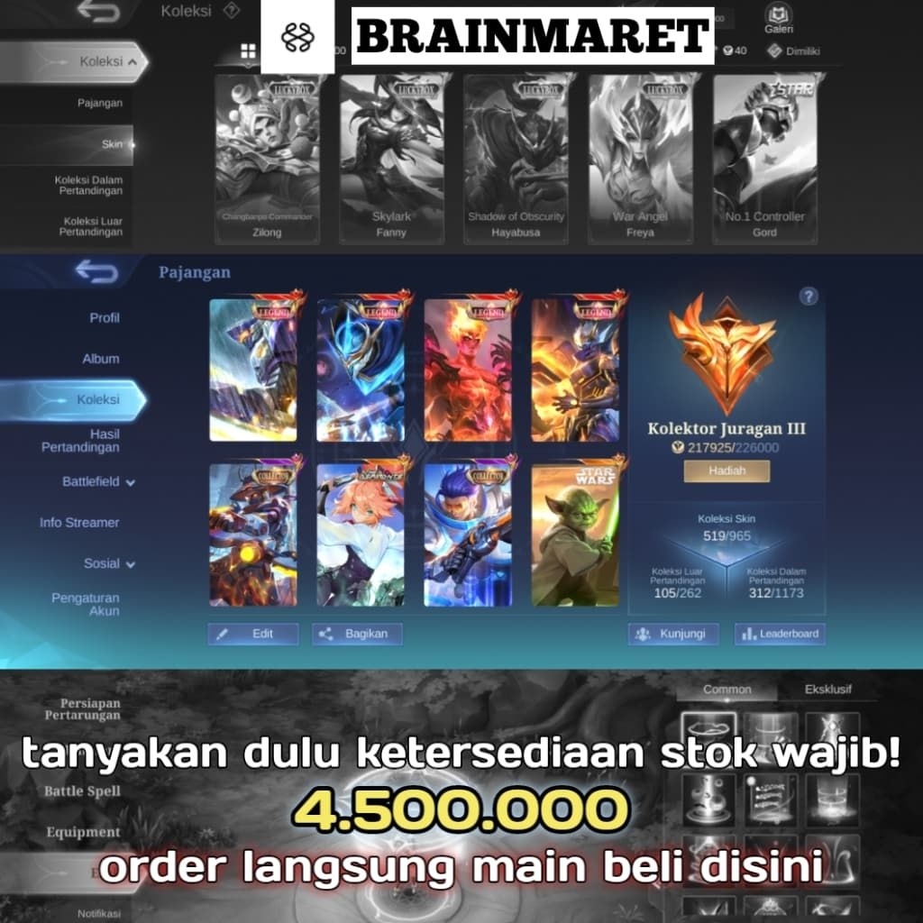Jual akun ML SKIN 520+ GG Bejibun BRAINMARET For Android/IOS