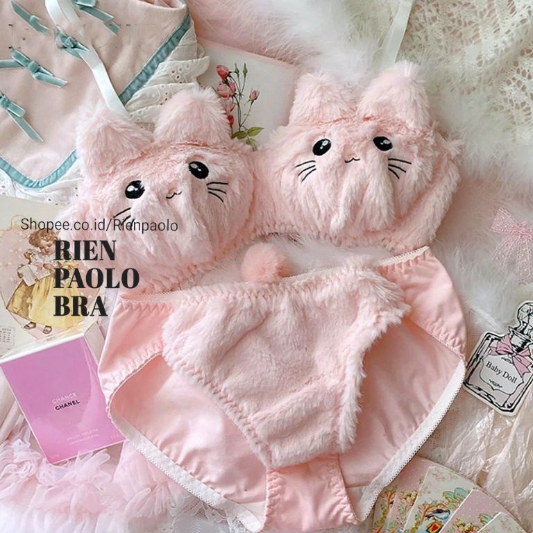 KODE Q68B Premium Bra BH  Celana Dalam CD Tanpa Kawat Set  Sexy Hot Cosplay Bulu Motif Hewan  Kucing
