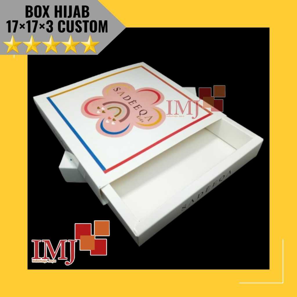 

BOX HIJAB SLIDING CUSTOM DESAIN 17x17x3 LAMINASI GLOSSY KARDUS JILBAB CUSTOM DESAIN 17×17×3
