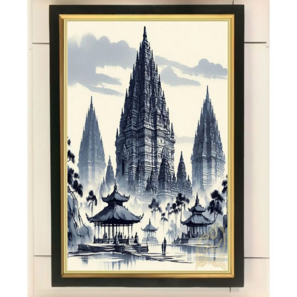 Hiasan dinding lukisan cetak Candi Prambanan plus Bingkai ukuran 65cm×45cm