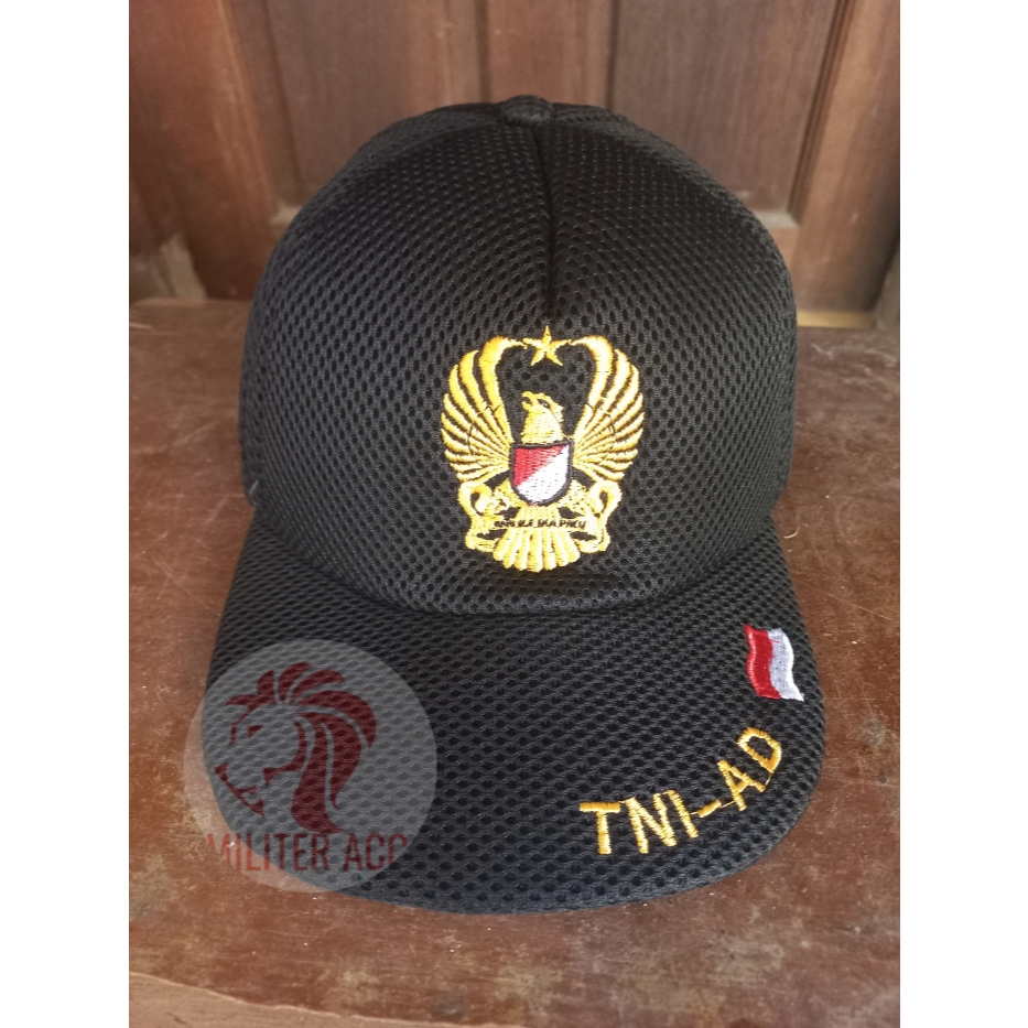 Topi TNI AD Topi Lapangan Dobelmesh / Jaring Logo Bordir Hitam TNI