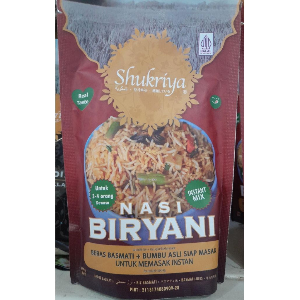 

Nasi Biriyani INSTAN SHUKRIYA Nasi Biriyani Beras Basmati + Bumbu Asli Siap Masak 250 Gr HALAL