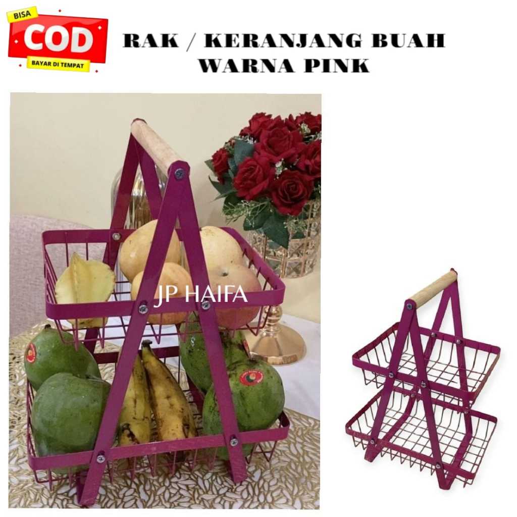 Rak / keranjang buah besi segitiga susun 2 warna pink