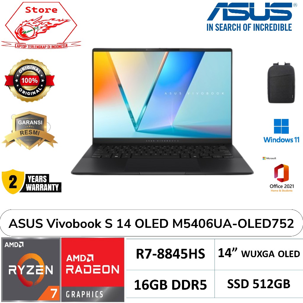 Asus Vivobook S14 M5406UA-OLED752 /Ryzen 7-8845HS/16GB/512GB SSD/14″ WUXGA OLED/Win 11 Home+OHS 2021
