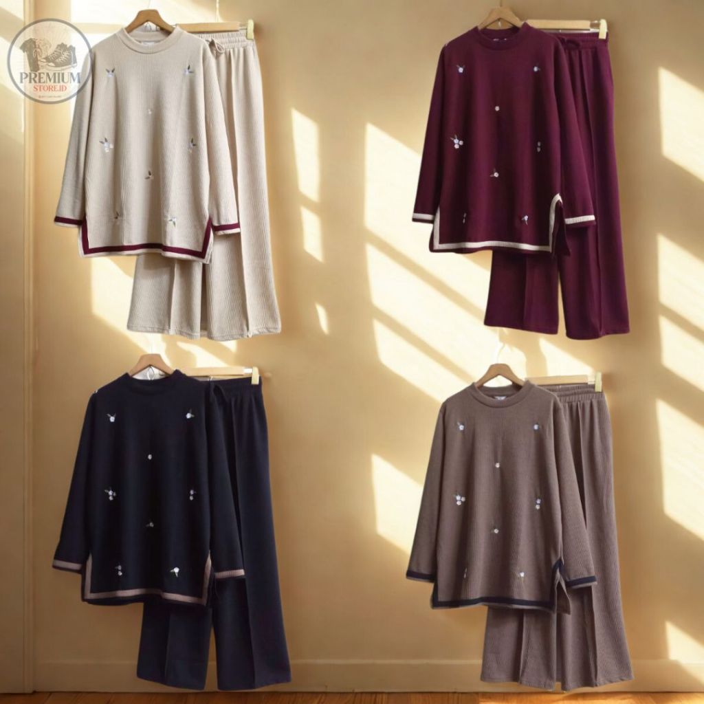 Setelan Knit Wanita Kaos Aster Uniqlo Bordir Bunga – Baju dan Celana Panjang Rib Premium Fit to XL