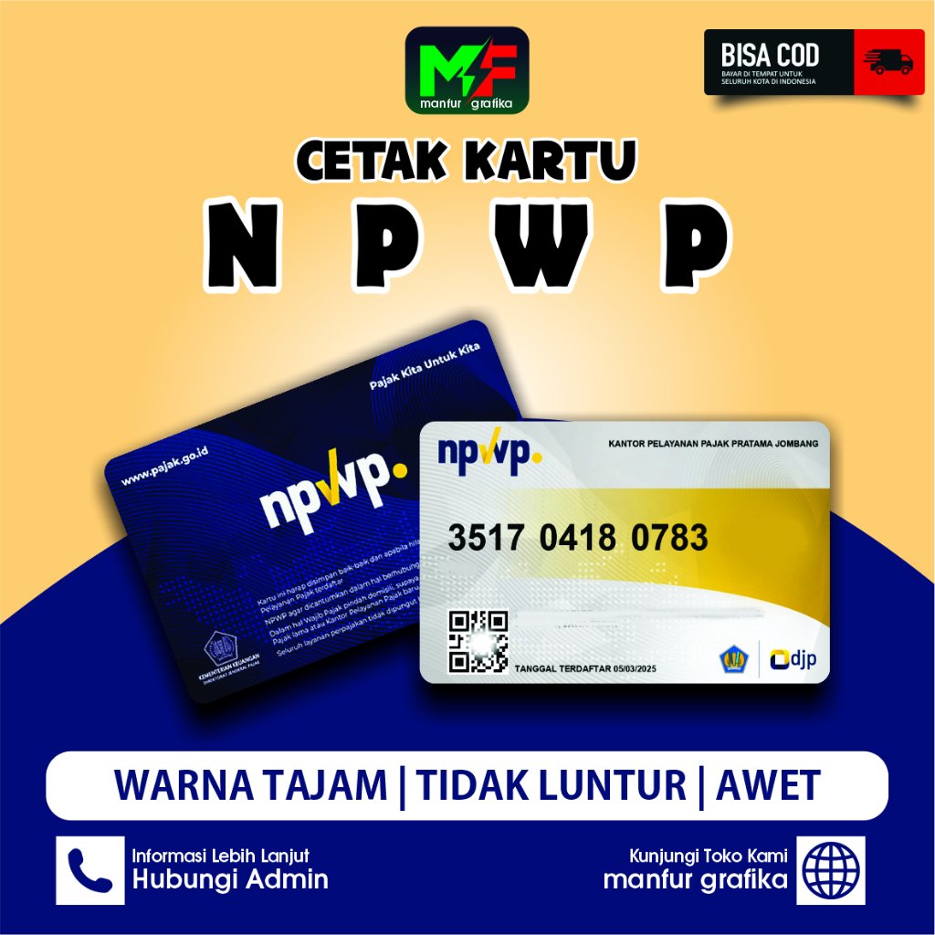 

Cetak NPW P Pajak Digital Fisik Bisa Satuan Anti Luntur Bahan PVC Tebal 2 SISI Murah