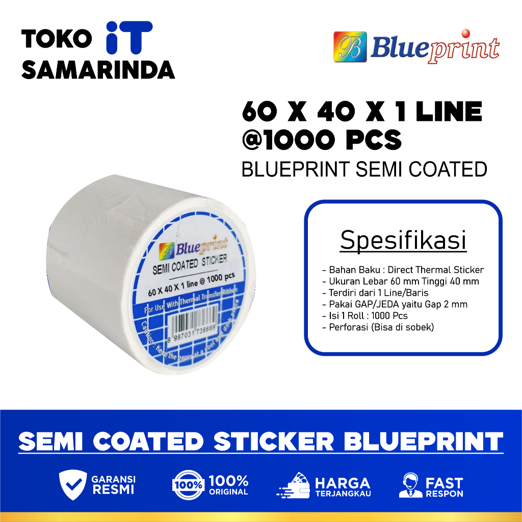

Sticker label Barcode 60x40x1 Line Semi Coated BLUEPRINT isi 1000Pcs