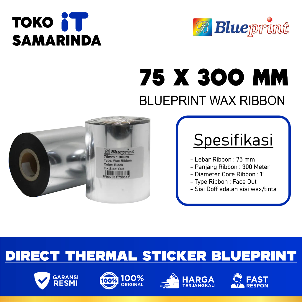

Ribbon Wax Barcode Label 75x300m BLUEPRINT Thermal Transfer Ribbon