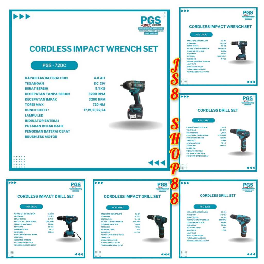 MESIN BOR PEMBUKA MUR BAUT BAN MOBIL & MOTOR BOR TEMBOK CORDLESS IMPACT WRENCH PGS-72DC 100% PGS