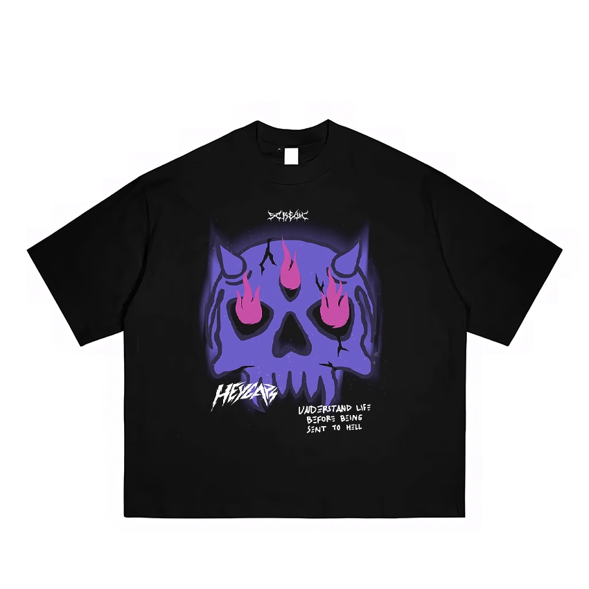 Kaos Oversize Unisex Desain Tengkorak Api Ungu – "Understand Life" | HELLZAG Original