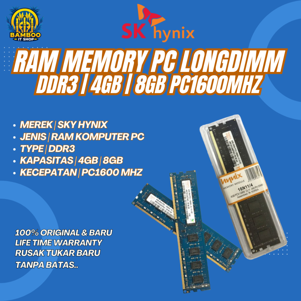 HYNIX RAM KOMPUTER PC LONGDIMM DDR3 4GB | 8GB PC1600MHZ GARANSI LIFE TIME