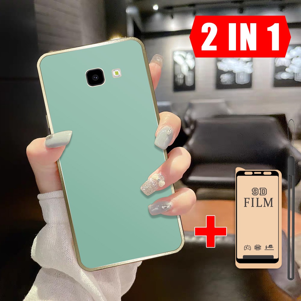 2 dalam 1 Case HP Samsung J4 Plus J4+ Casing Border Emas dengan Film Keramik Anti Gores dan Tali - S