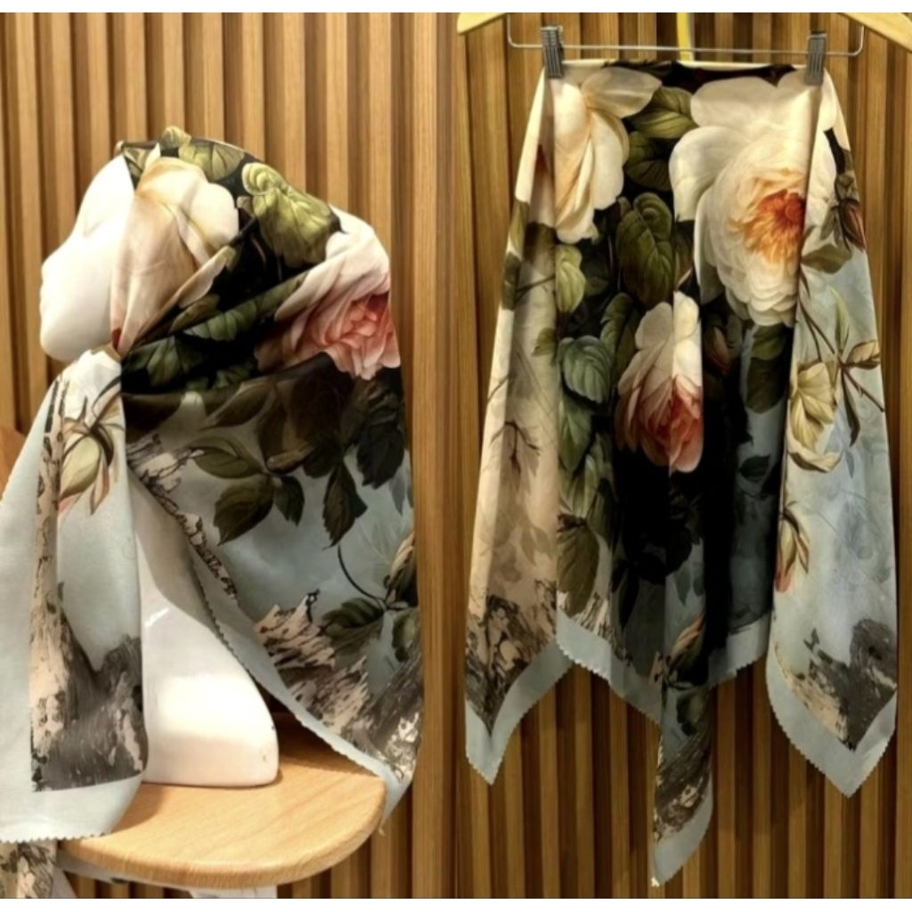 HIJAB SEGI EMPAT VOAL MOTIF SUBLIME KODE 402 BUNGA ARMY BIRU MUDA