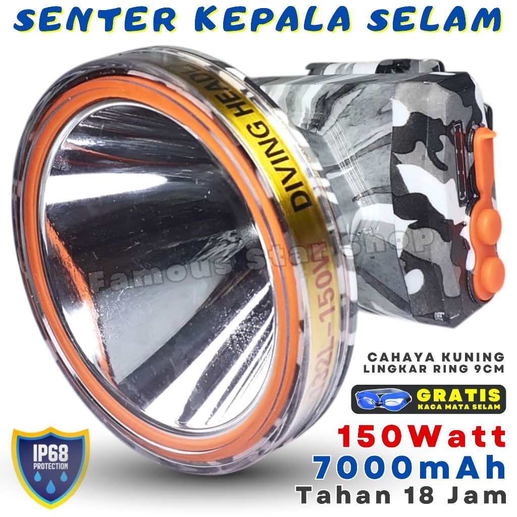 Senter Kepala Selam Army 150 Watt JINLONG JL-132L Super Terang Tahan 18Jam | Headlamp Anti Air 7000m