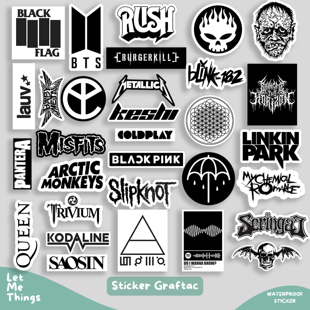 

31pcs stiker pack band black white || stiker helm laptop case hp bmth slipknot oasis